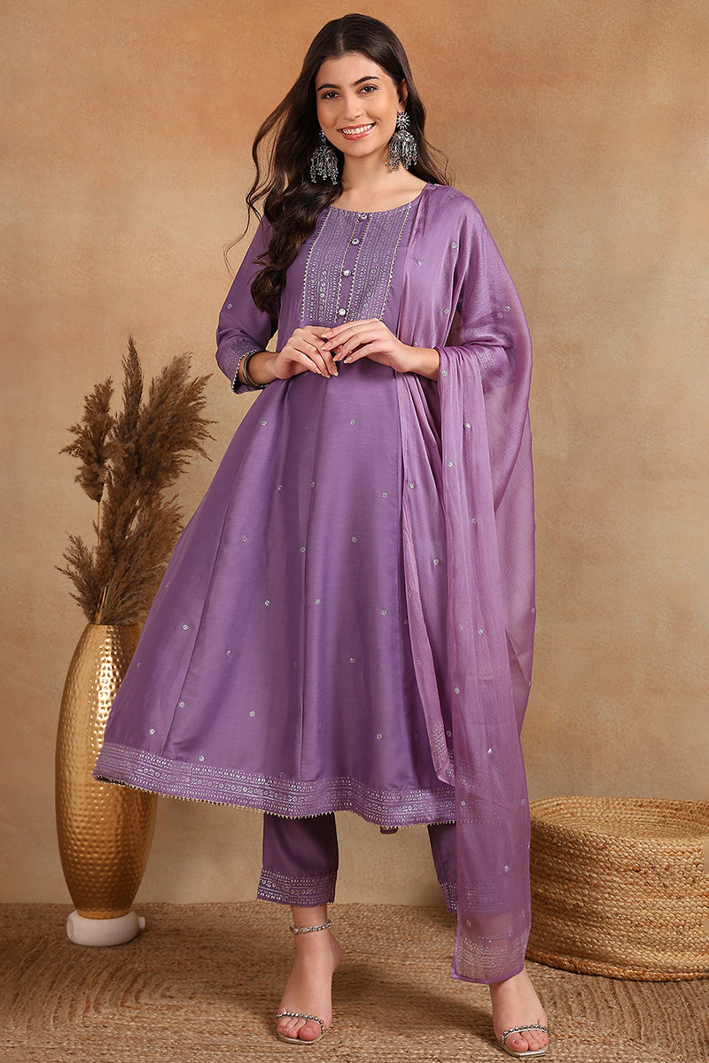 Lavender Silk Blend Anarkali Woven Design Kurta Pant With Dupatta VKSKD1779