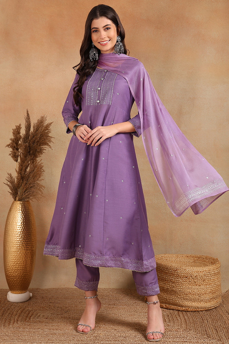 Lavender Silk Blend Anarkali Woven Design Kurta Pant With Dupatta VKSKD1779