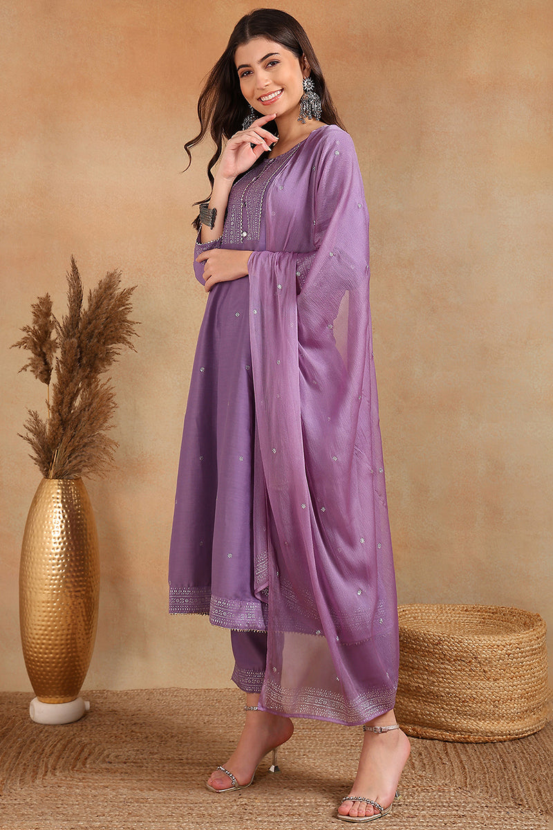 Lavender Silk Blend Anarkali Woven Design Kurta Pant With Dupatta VKSKD1779