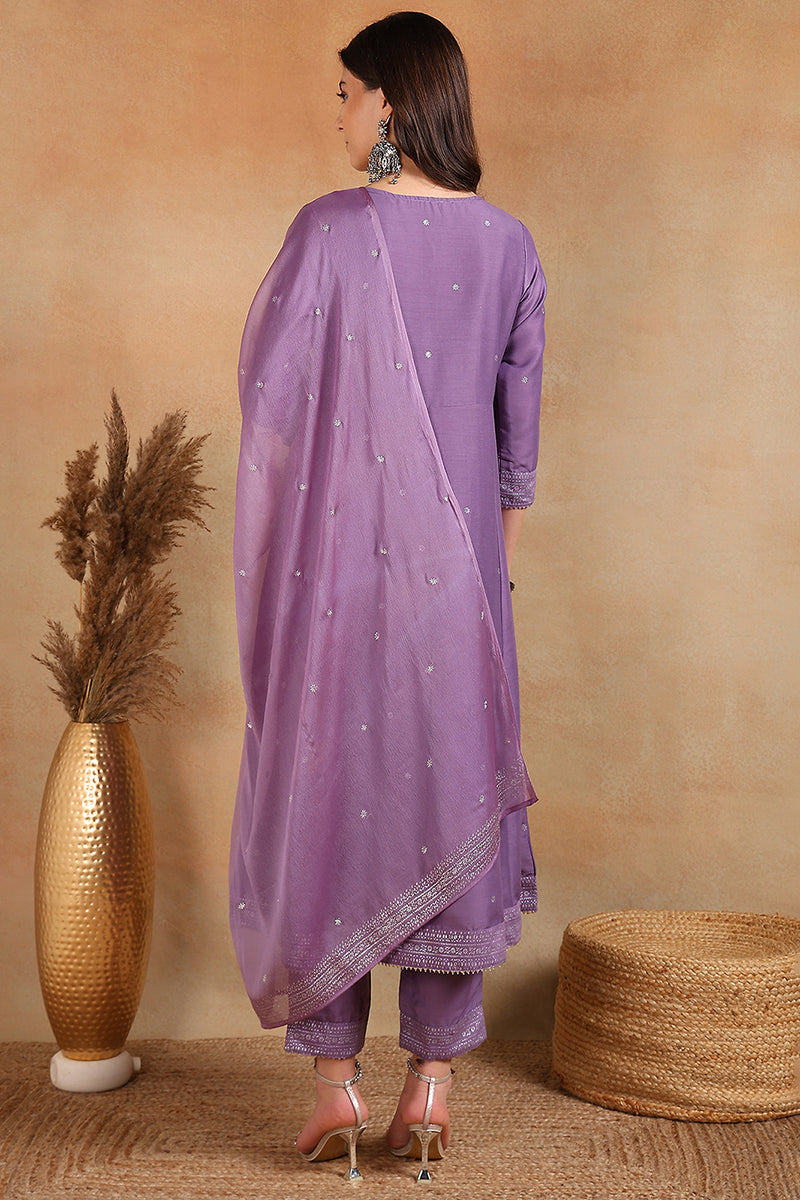 Lavender Silk Blend Anarkali Woven Design Kurta Pant With Dupatta VKSKD1779