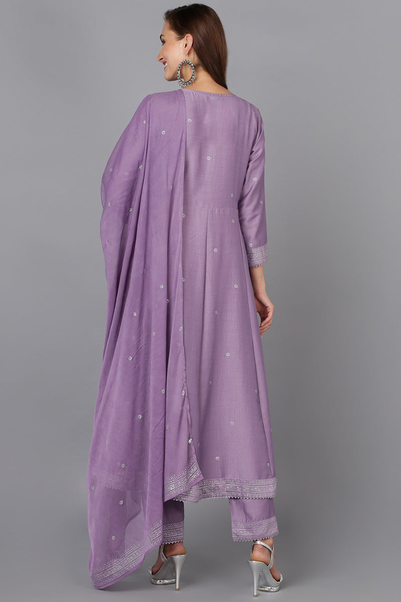 Lavender Silk Blend Anarkali Woven Design Kurta Pant With Dupatta VKSKD1779