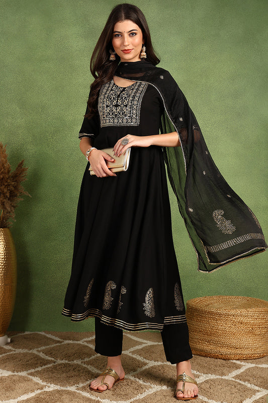 Black Silk Blend Anarkali Yoke Design Kurta Pant With Dupatta VKSKD1782