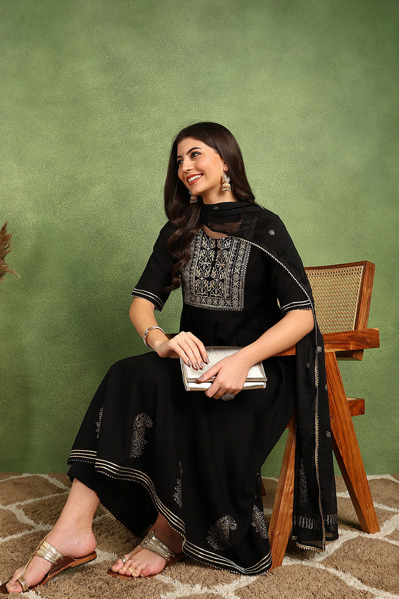 Black Silk Blend Anarkali Yoke Design Kurta Pant With Dupatta VKSKD1782