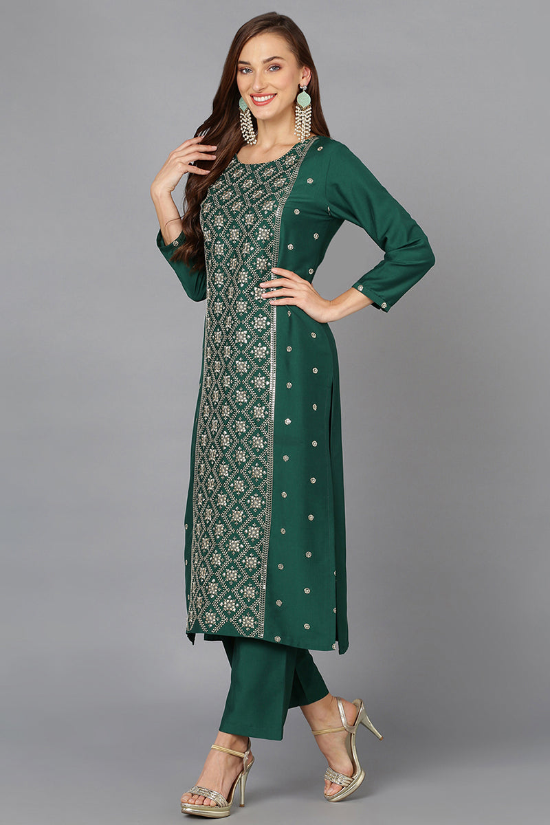 Solid Resham & Sequins Embroidered Kurta - Dark Green – FASHOR