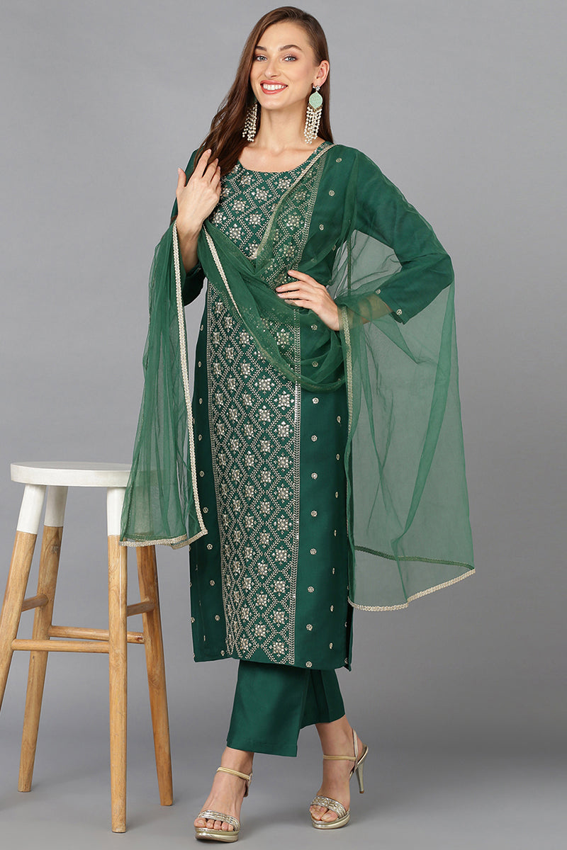 Green Party Wear Embroidered Cotton Kurti Pant Set With Dupatta
