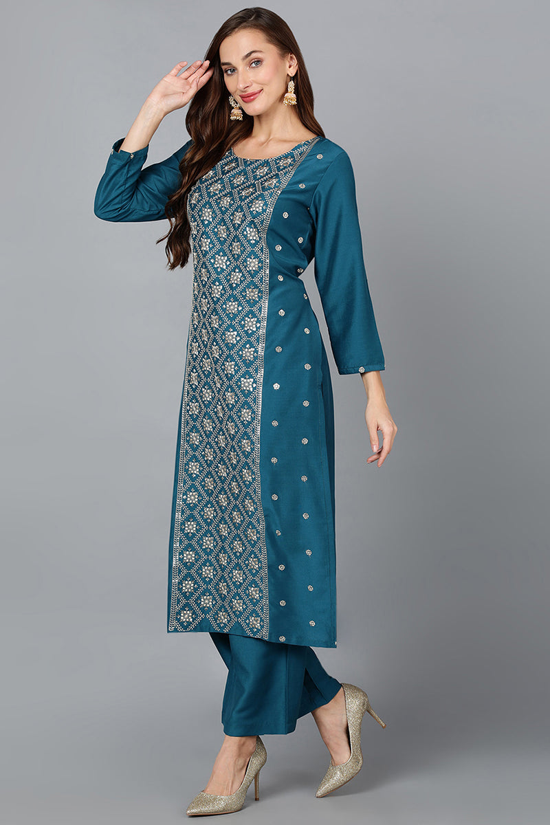 Silk Blend Teal Blue Festive wear Suit Set VKSKD1784