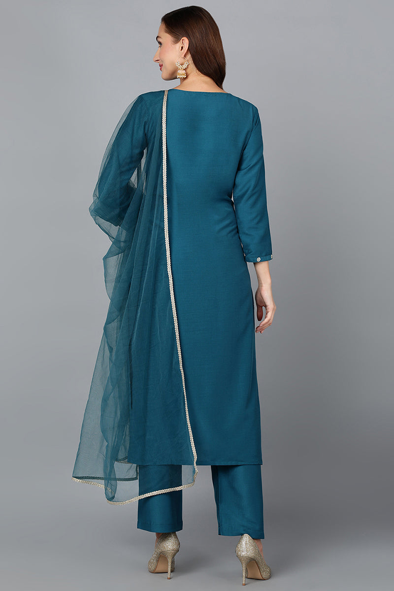 Silk Blend Teal Blue Festive wear Suit Set VKSKD1784