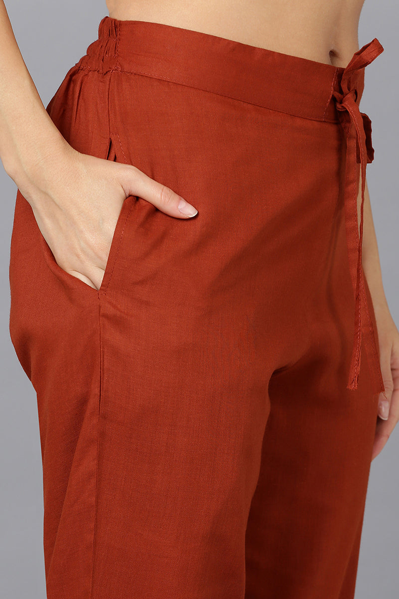 Burnt Orange Cotton Straight Suit Set VKSKD1797