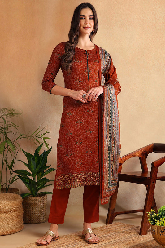 Burnt Orange Silk Blend Straight Suit Set VKSKD1797