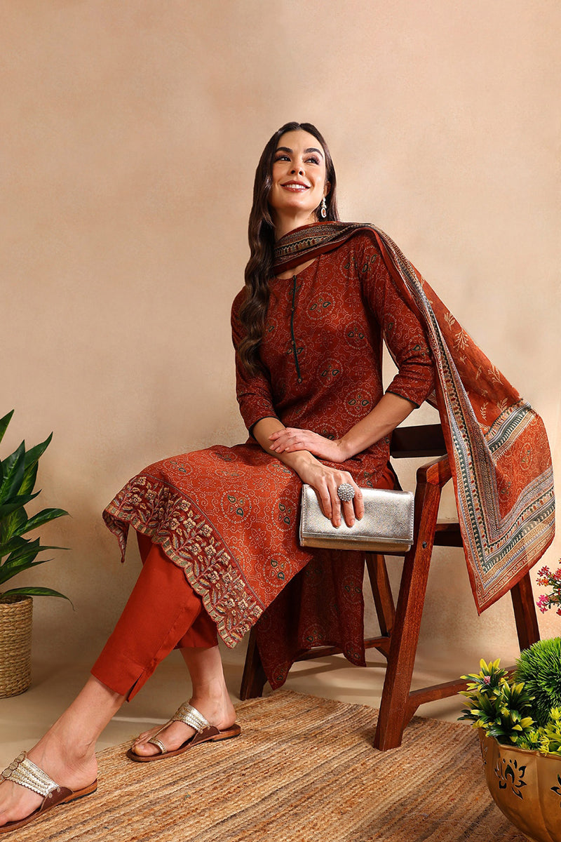 Burnt Orange Silk Blend Straight Suit Set VKSKD1797