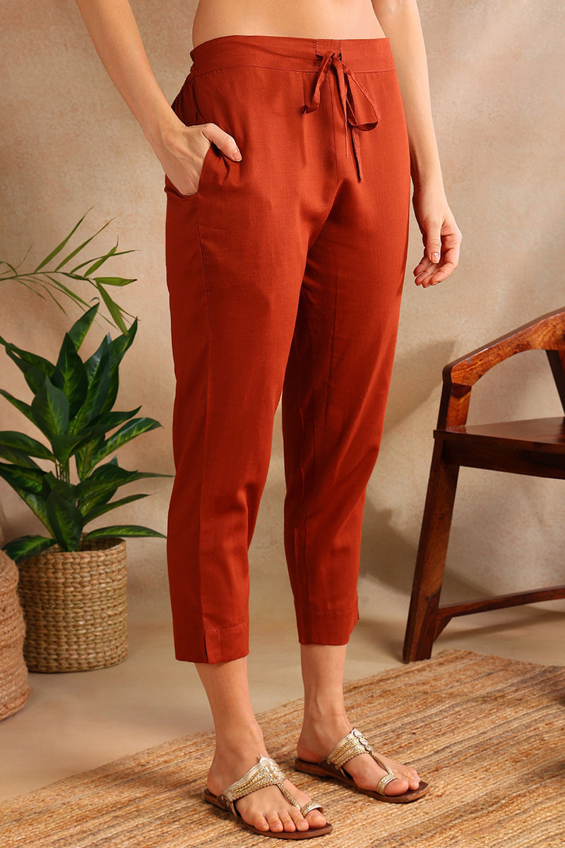 Burnt Orange Silk Blend Straight Suit Set VKSKD1797