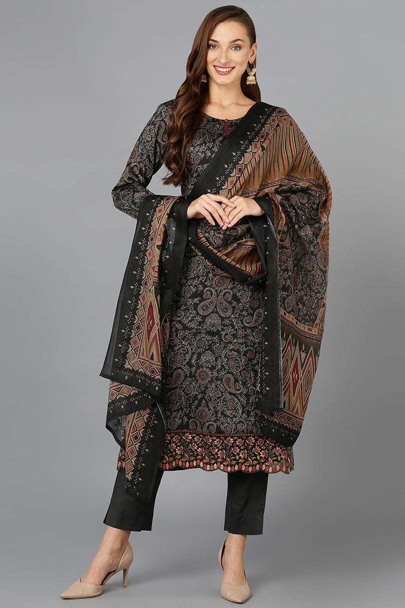 Black Cotton Straight Suit Set VKSKD1800