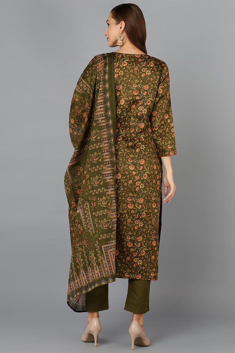 Olive Green Cotton Straight Suit Set VKSKD1802