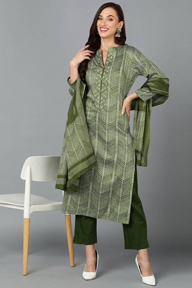 Fern Green Rayon Blend Straight Suit Set VKSKD1808