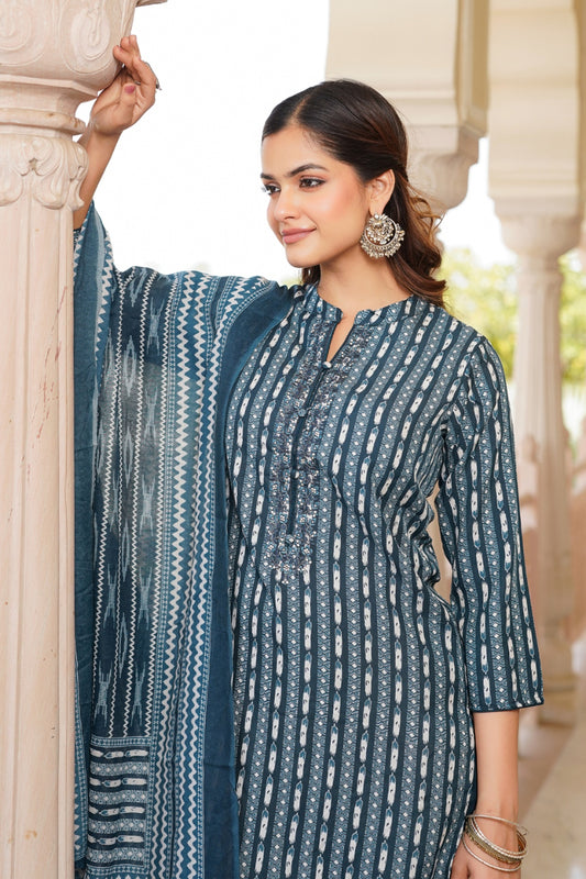 Rayon Blend Teal Straight Kurta Pant With Dupatta VKSKD1810