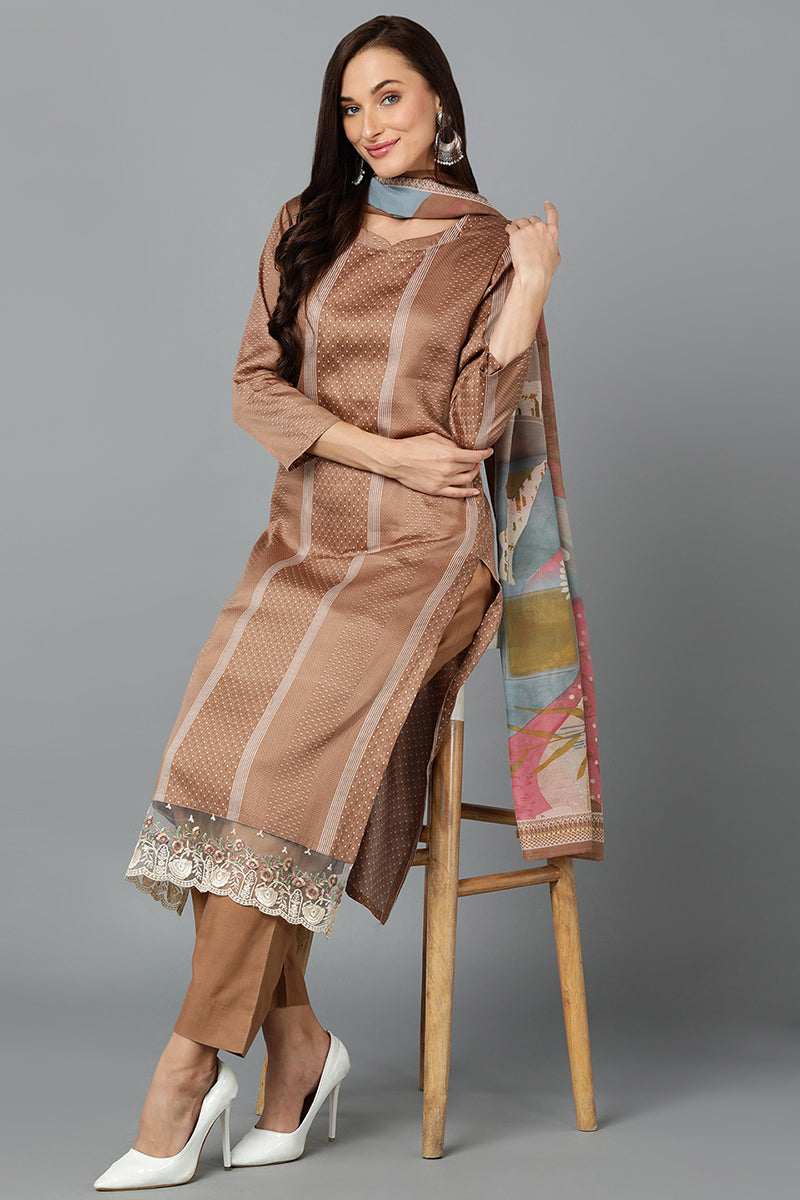 Light Brown Silk Blend Straight Suit Set VKSKD1827