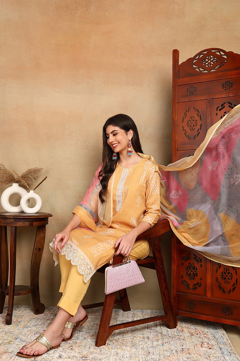 Yellow Silk Blend Straight Suit Set VKSKD1833