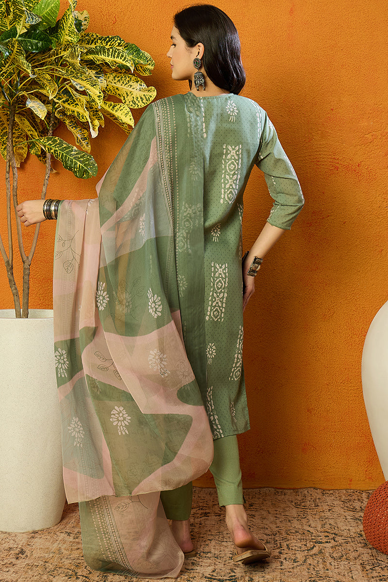 Sea Green Silk Blend Straight Suit Set VKSKD1835