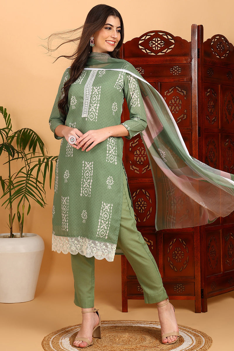 Sea Green Silk Blend Straight Suit Set VKSKD1835