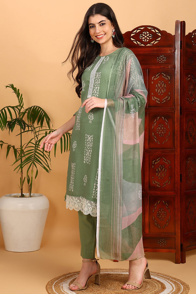 Sea Green Silk Blend Straight Suit Set VKSKD1835