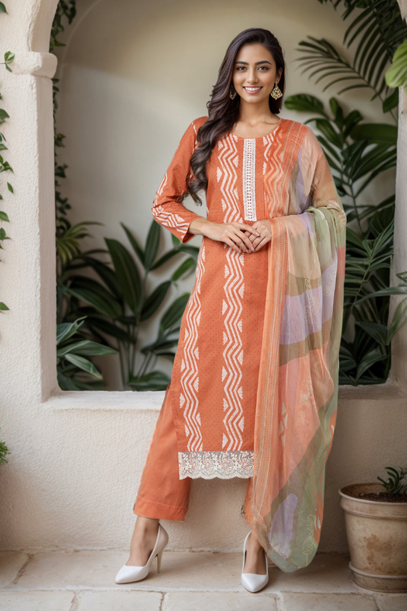 Orange Silk Blend Straight Suit Set VKSKD1837