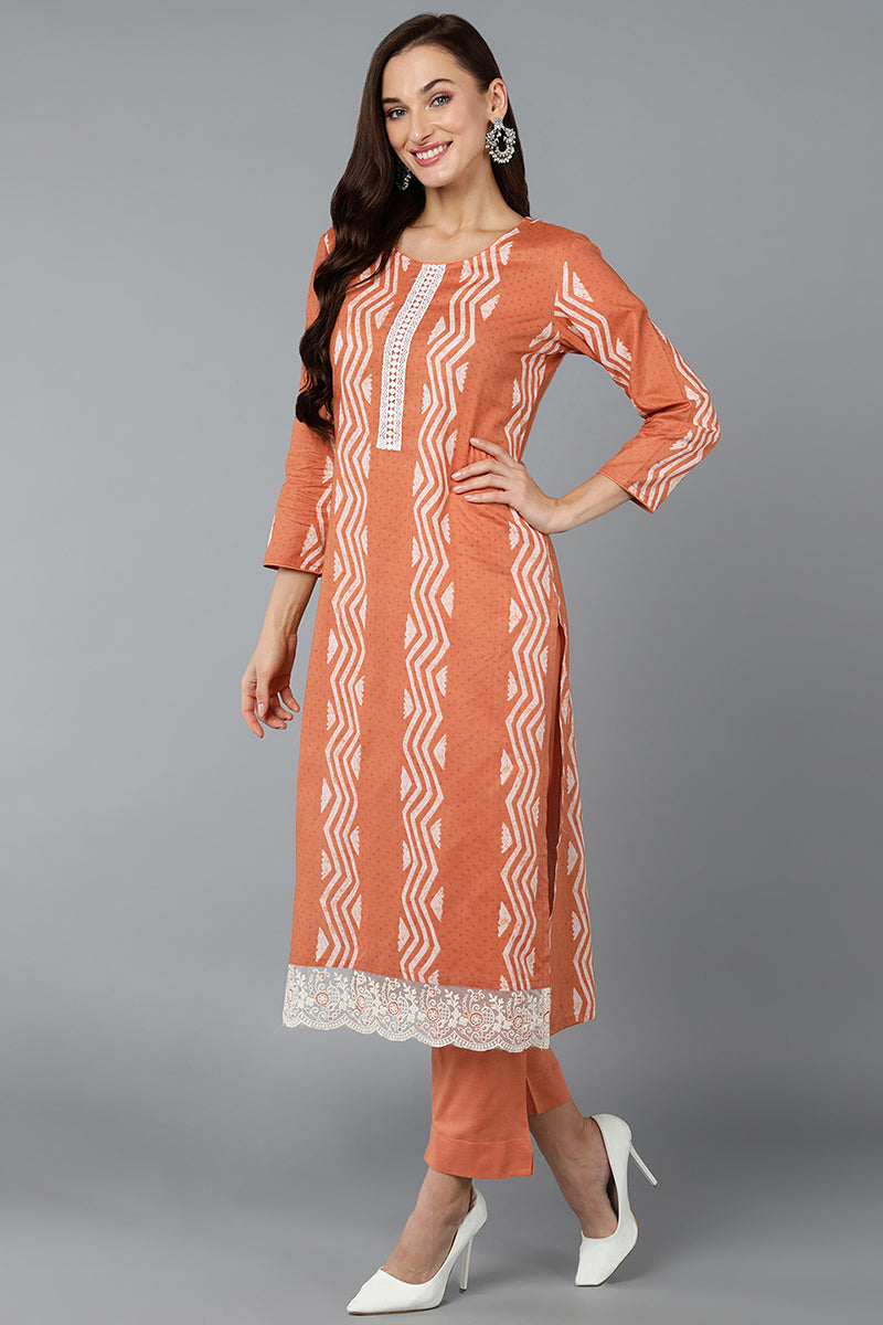 Orange Silk Blend Straight Suit Set VKSKD1837