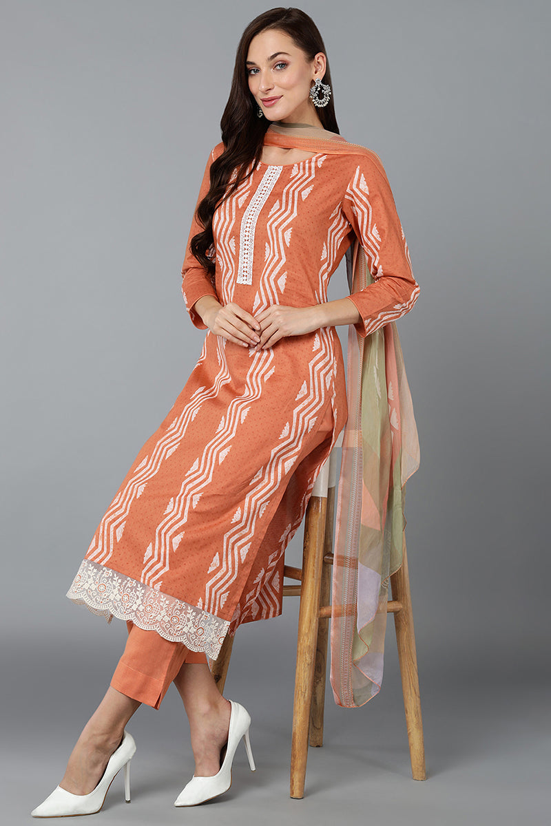 Orange Silk Blend Straight Suit Set VKSKD1837