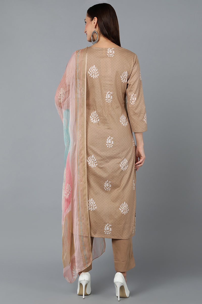 Taupe Silk Blend Straight Suit Set VKSKD1839