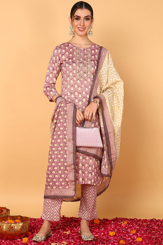 Plus Size Mauve Silk Blend Ethnic Motifs Printed Straight Suit Set VKSKD1842