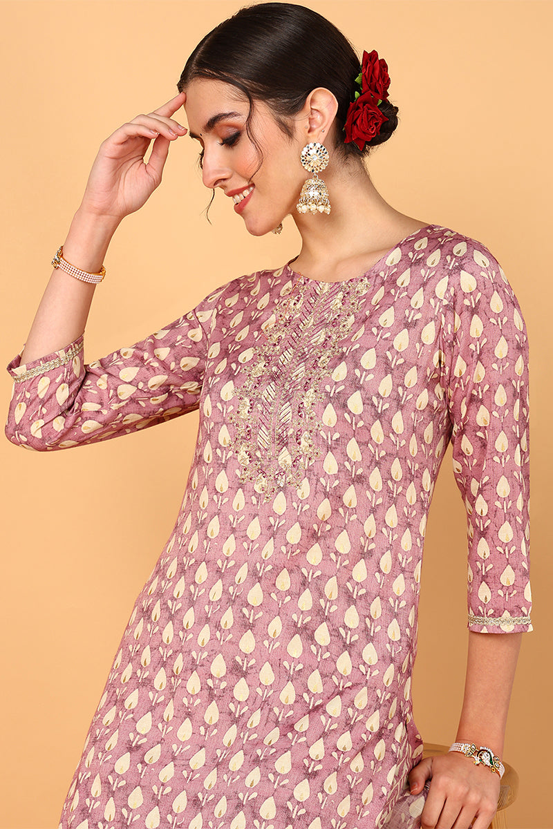 Mauve Silk Blend Ethnic Motifs Printed Straight Suit Set VKSKD1842