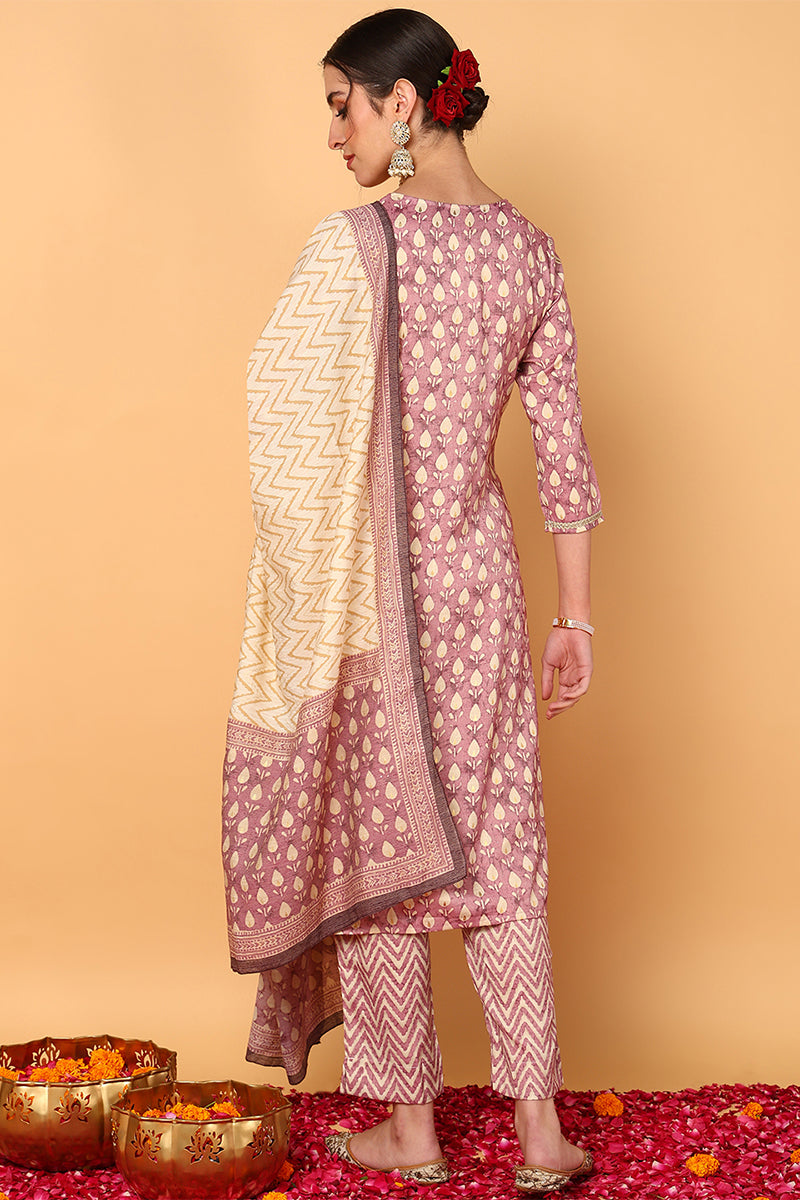 Plus Size Mauve Silk Blend Ethnic Motifs Printed Straight Suit Set VKSKD1842