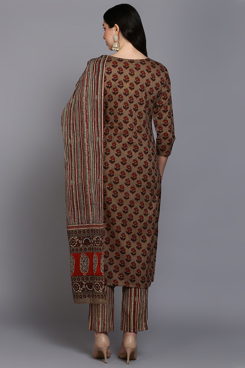 Cotton Beige Printed Straight Kurta Pant With Dupatta VKSKD1850