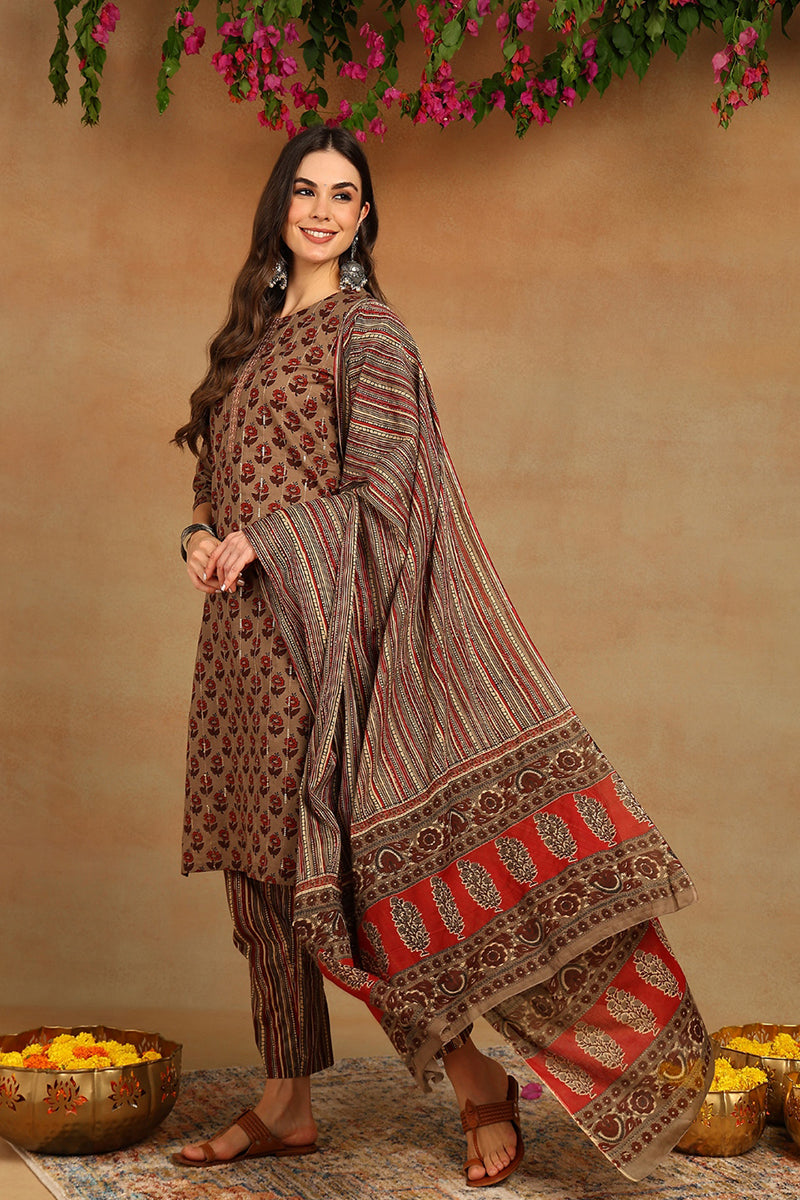 Cotton Beige Printed Straight Kurta Pant With Dupatta VKSKD1850