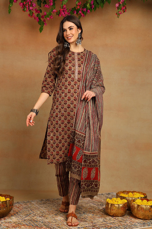 Cotton Beige Printed Straight Kurta Pant With Dupatta VKSKD1850