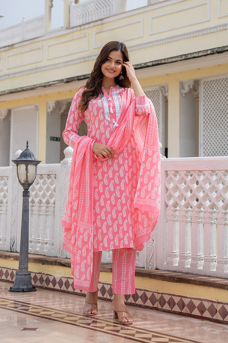 Cotton Pink Printed Straight Kurta Pant With Dupatta VKSKD1851