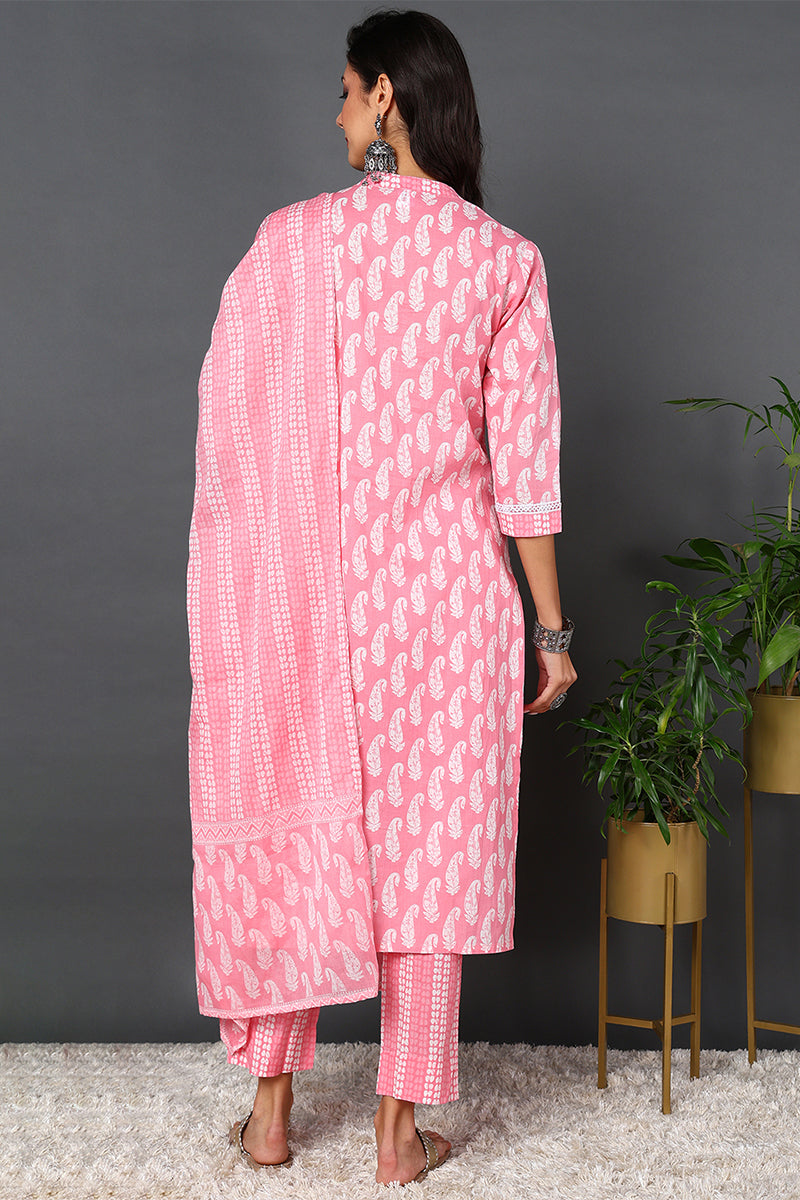 Cotton Pink Printed Straight Kurta Pant With Dupatta VKSKD1851