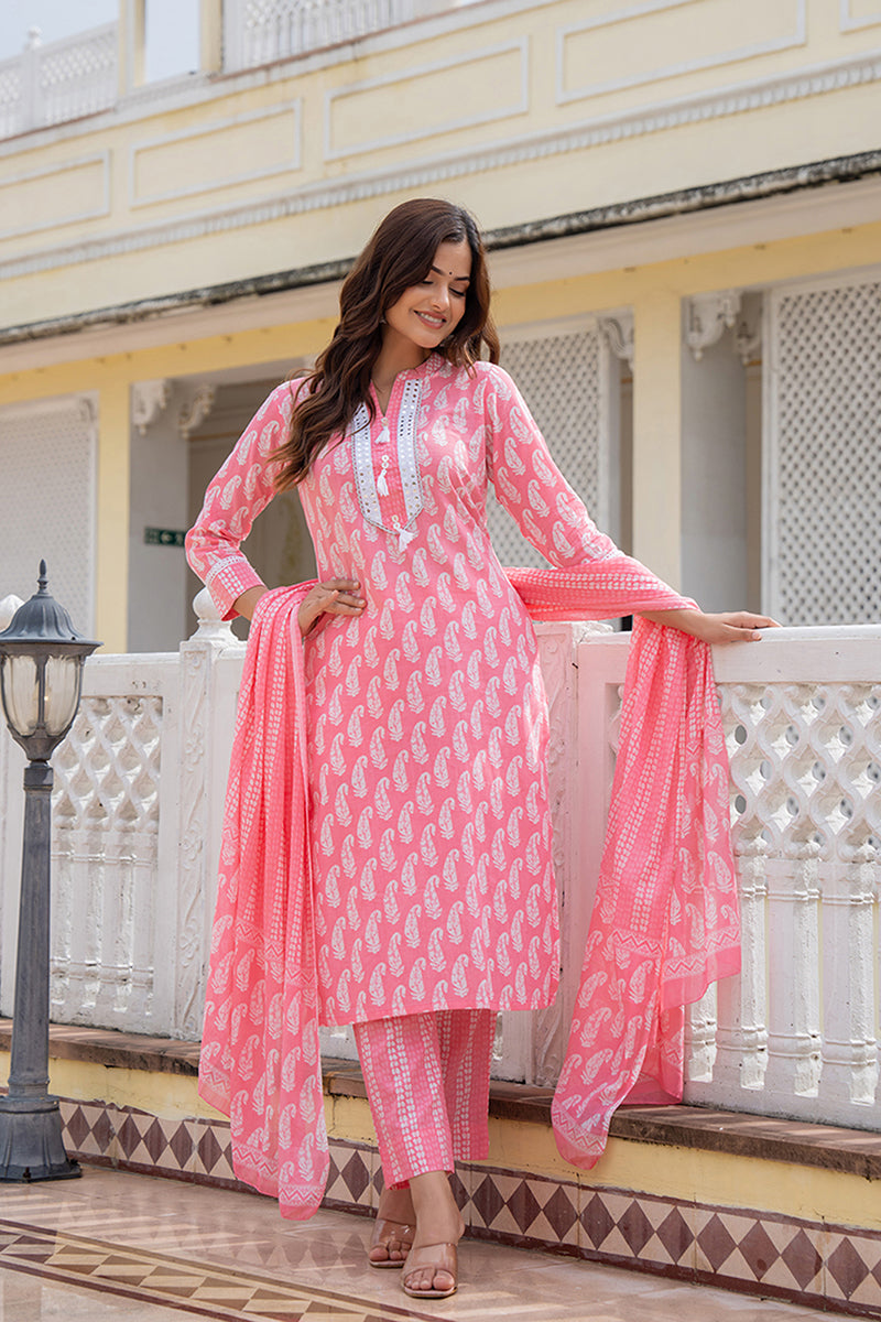 Cotton Pink Printed Straight Kurta Pant With Dupatta VKSKD1851