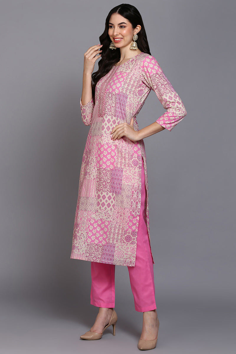 Cotton Pink Printed Straight Kurta Pant With Dupatta VKSKD1856