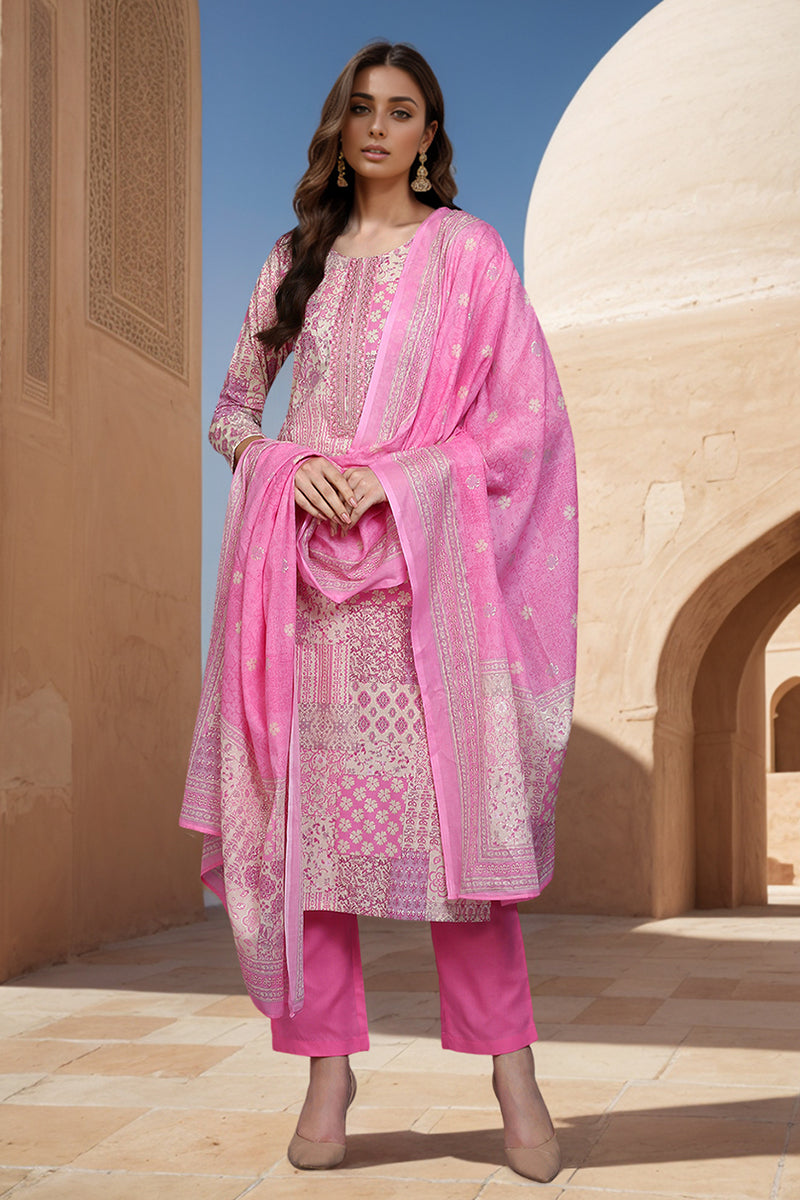 Cotton Pink Printed Straight Kurta Pant With Dupatta VKSKD1856