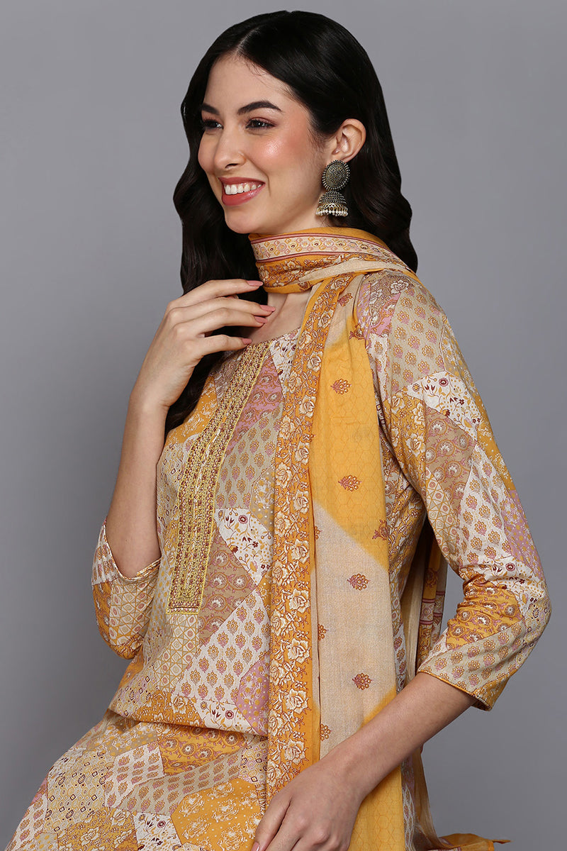 Cotton Mustard Printed Straight Kurta Pant With Dupatta VKSKD1857