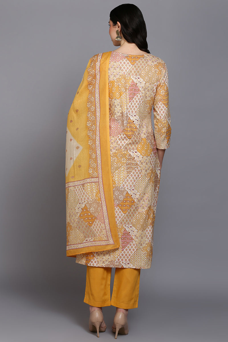 Cotton Mustard Printed Straight Kurta Pant With Dupatta VKSKD1857