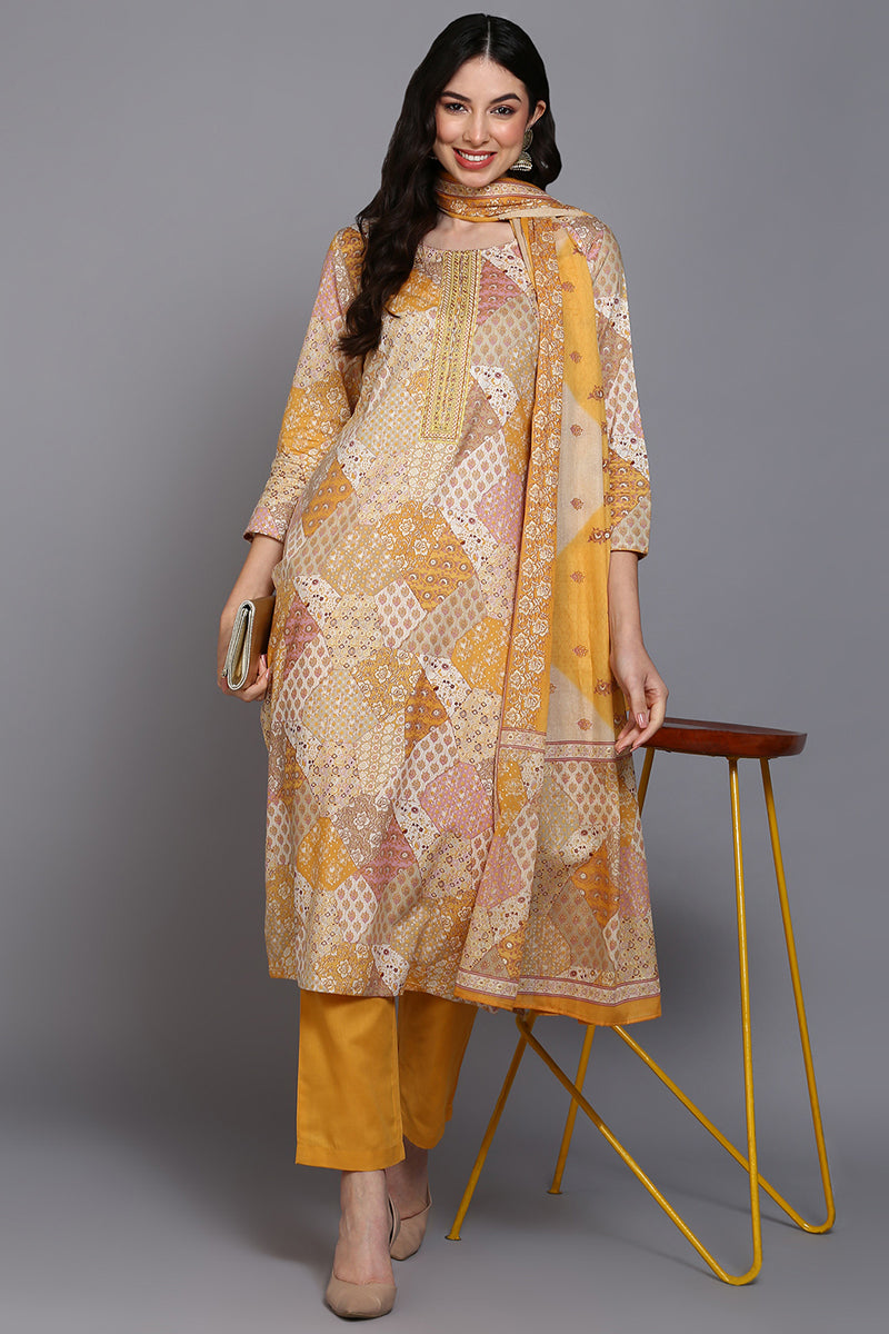 Cotton Mustard Printed Straight Kurta Pant With Dupatta VKSKD1857