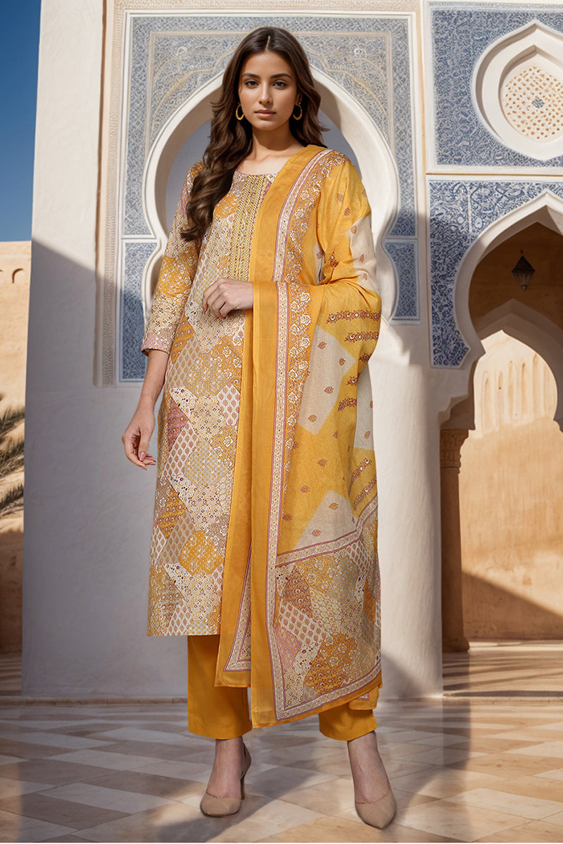 Cotton Mustard Printed Straight Kurta Pant With Dupatta VKSKD1857