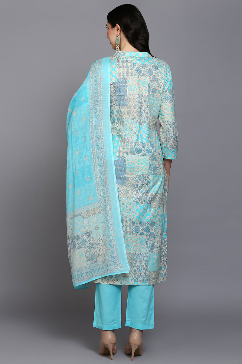 Cotton Blue Printed Straight Kurta Pant With Dupatta VKSKD1858