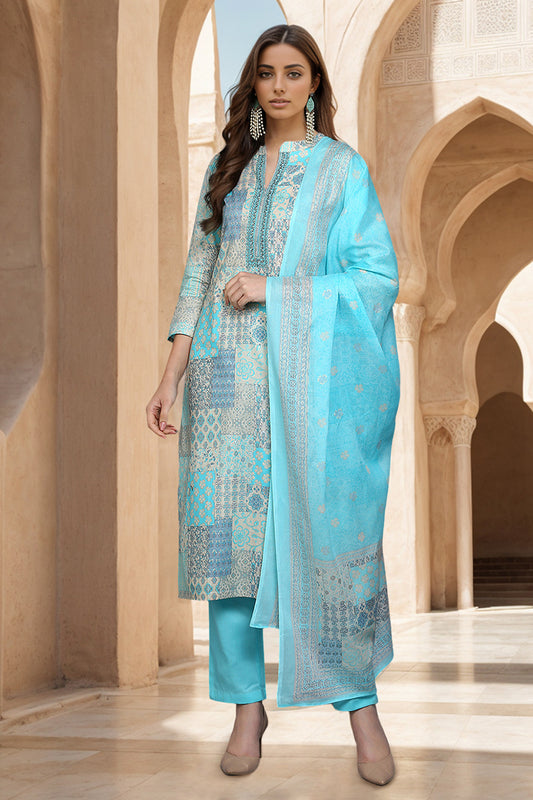 Cotton Blue Printed Straight Kurta Pant With Dupatta VKSKD1858