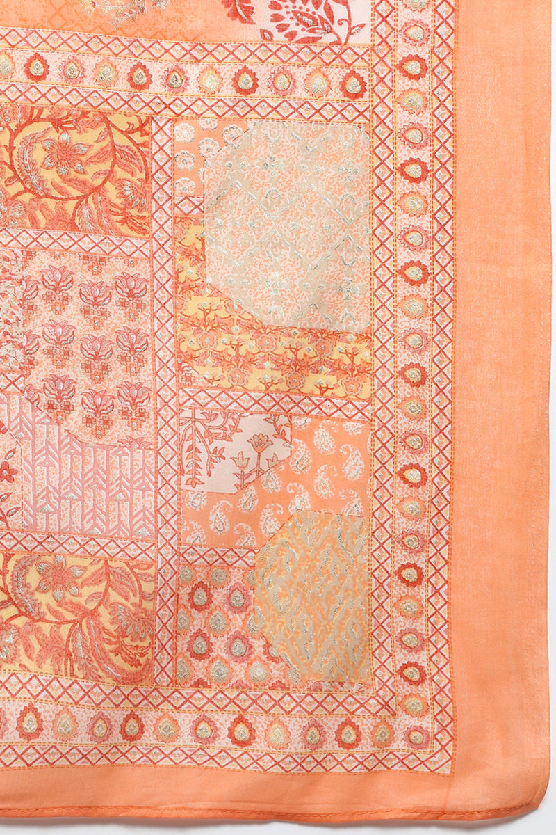 Cotton Peach Printed Straight Kurta Pant With Dupatta VKSKD1860