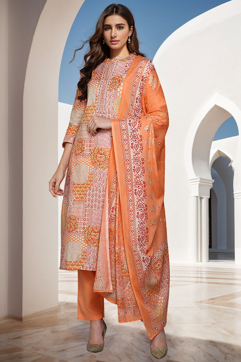 Peach Cotton Printed Straight Kurta Pant With Dupatta VKSKD1860