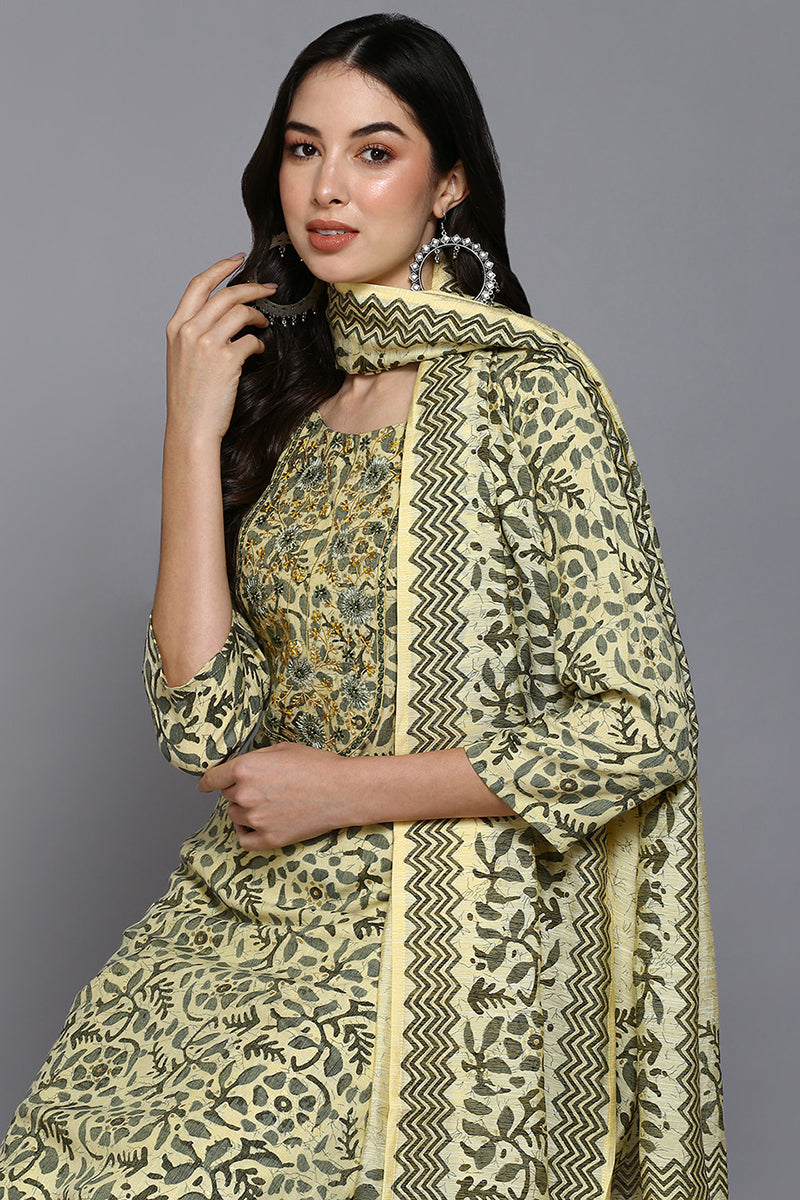 Yellow Silk Blend Floral Straight Suit Set VKSKD1865