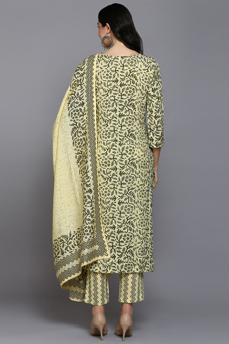 Yellow Silk Blend Floral Straight Suit Set VKSKD1865