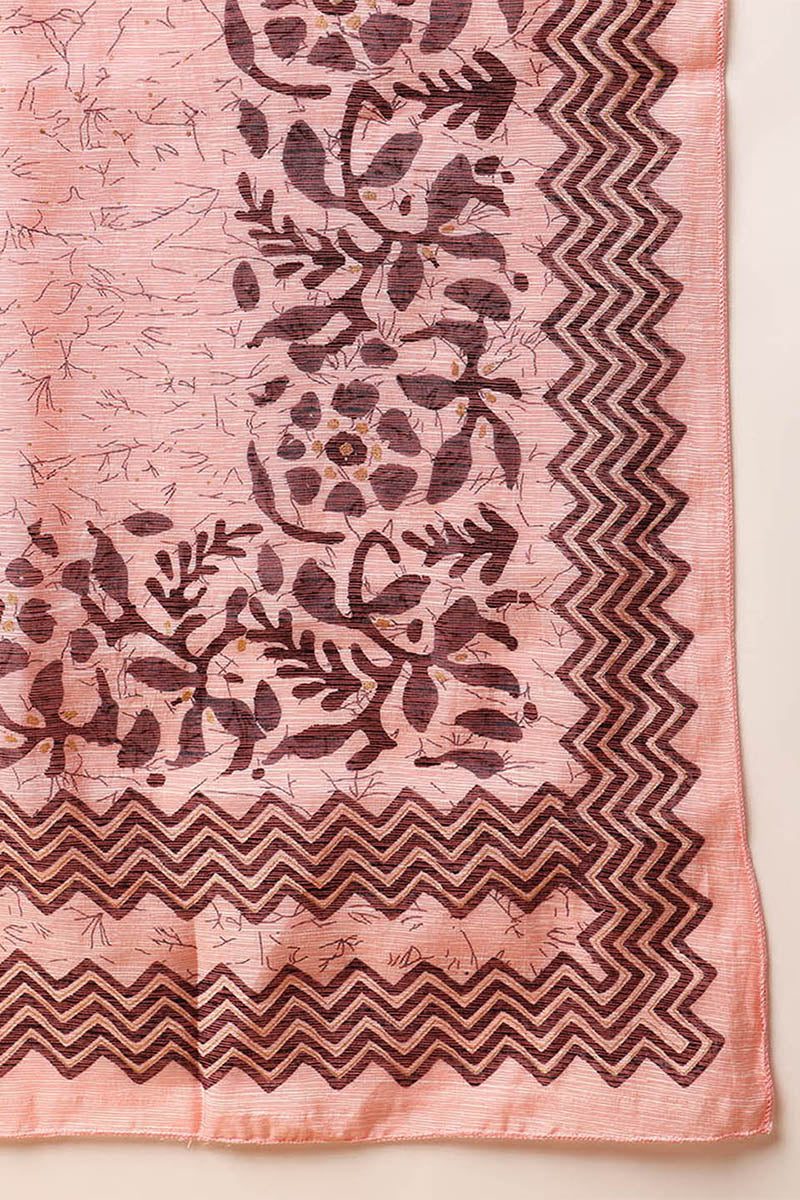 Plus Size Pink Silk Blend Floral Printed Straight Style Suit Set VKSKD1866